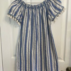 UMGEE Small  Bee Balm Blue White Dress Boho Cottagecore Tassels Embroidered Trim